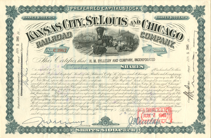 Kansas City, St. Louis and Chicago Railroad Co. - Stock Certificate